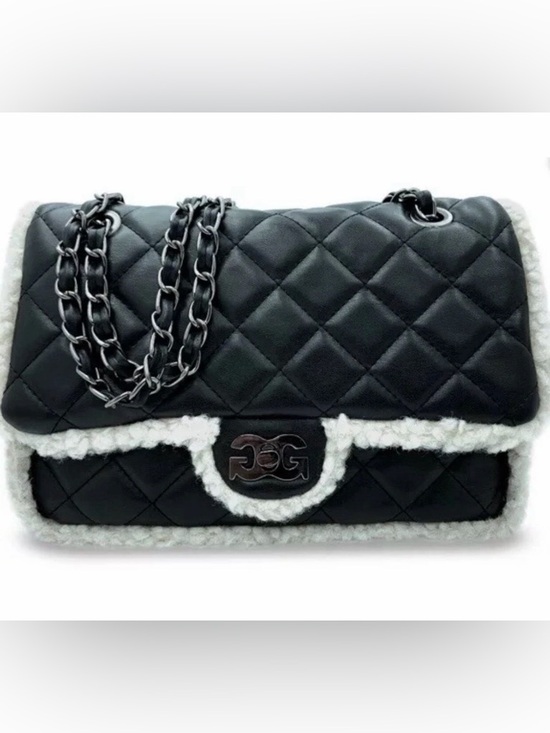 Gilda Paris Handbags - Gilda Paris Black Quilted Shoulder Bag with White Shearling Trim and Chain Strap